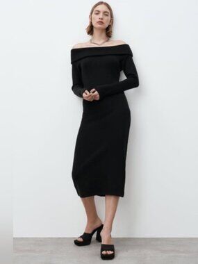 Off-Shoulder Black Knit Midi Dress, Zara, Size M